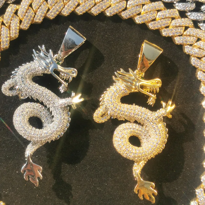 Lucky Symbol Hip Hop Micro Paved CZ Stone Bling Iced Out Oriental Dragon Shenlong Pendants Necklaces for Men Rapper Jewelry