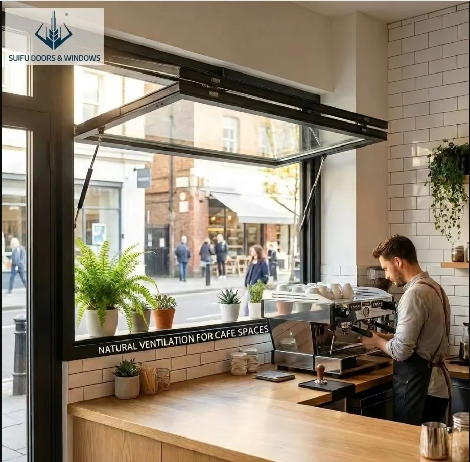 Gas Strut Kitchen Servery Awning Window Foldable Pass Through Aluminum Window for Cafe & Commercial Use