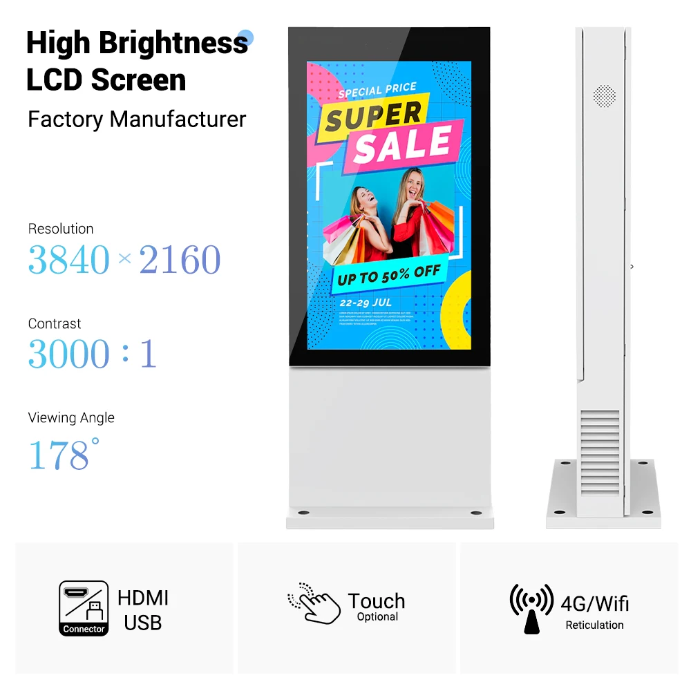 Display Monitor 5000 Nits Signage Waterproof Pole Restaurant Facing Digital Billboard Screen Totem Video Lcd Outdoor Screen DOOH