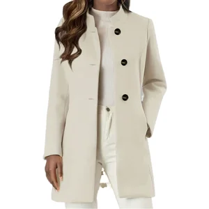 Autumn Winter Spring Collection Single Breasted Long Woolen Polyester Elegant Slim Coat European American Style Button