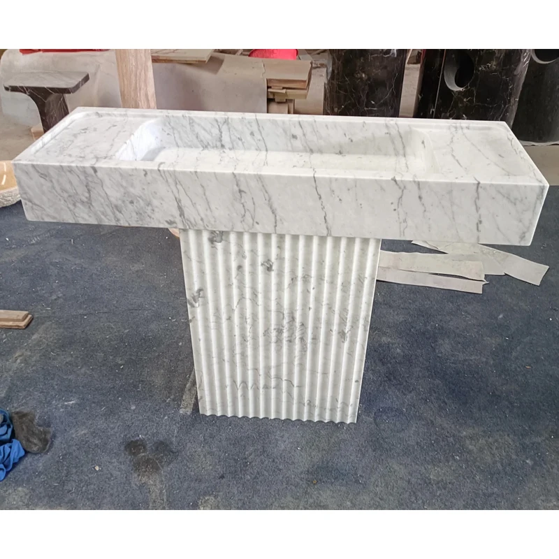 Bianco Carrara White Marble Modern Sink Washbasin with Grooved and Flute White Marble Countertops, Vanity Tops & Table Tops