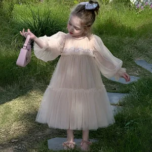 Spring Summer Lovely Fluffy Mesh Children's Princess Dress Long Sleeves Formal Solid Girls Dresses for Birthday Party