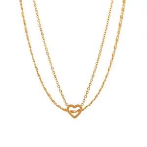 Delicate Fashion Trendy Double Layers Box Chain Link Necklace Heart Charm Pendant Stainless Steel 18K Gold Plated Romantic Fancy