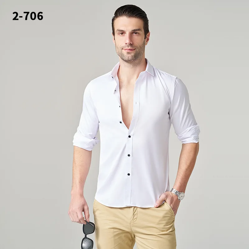 Custom LOGO High Quality Business Solid Color Anti-wrinkle White Tuxedo Formal Long Sleeve Shirt for Men
