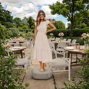 Women's Summer Casual Midi Dress Flutter Short Sleeve Crew Neck Smocked Elastic Natural Waistline Tiered Chiffon Woven Solid