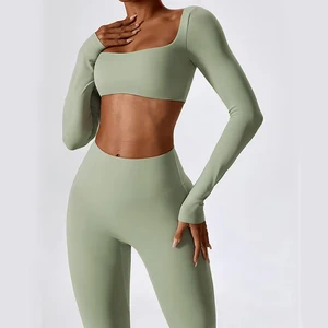 Seamless Activewear Women Square Neck Push up High Stretch Moisture Wicking Yoga Sets for Autumn Casual Yoga Lounge Wear