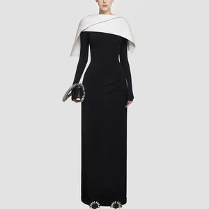 Bettergirl  2025 spring and summer black and white color blocked knitted floor length pleated long waist cinching slimming dress