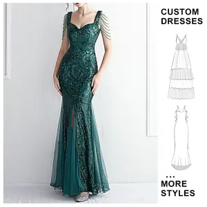 Custom OEM High -quality Women Luxury  Ball Gown Long Dress Sequin Maxi Slit Deep V Bodycon Ladies Elegant Evening Dress