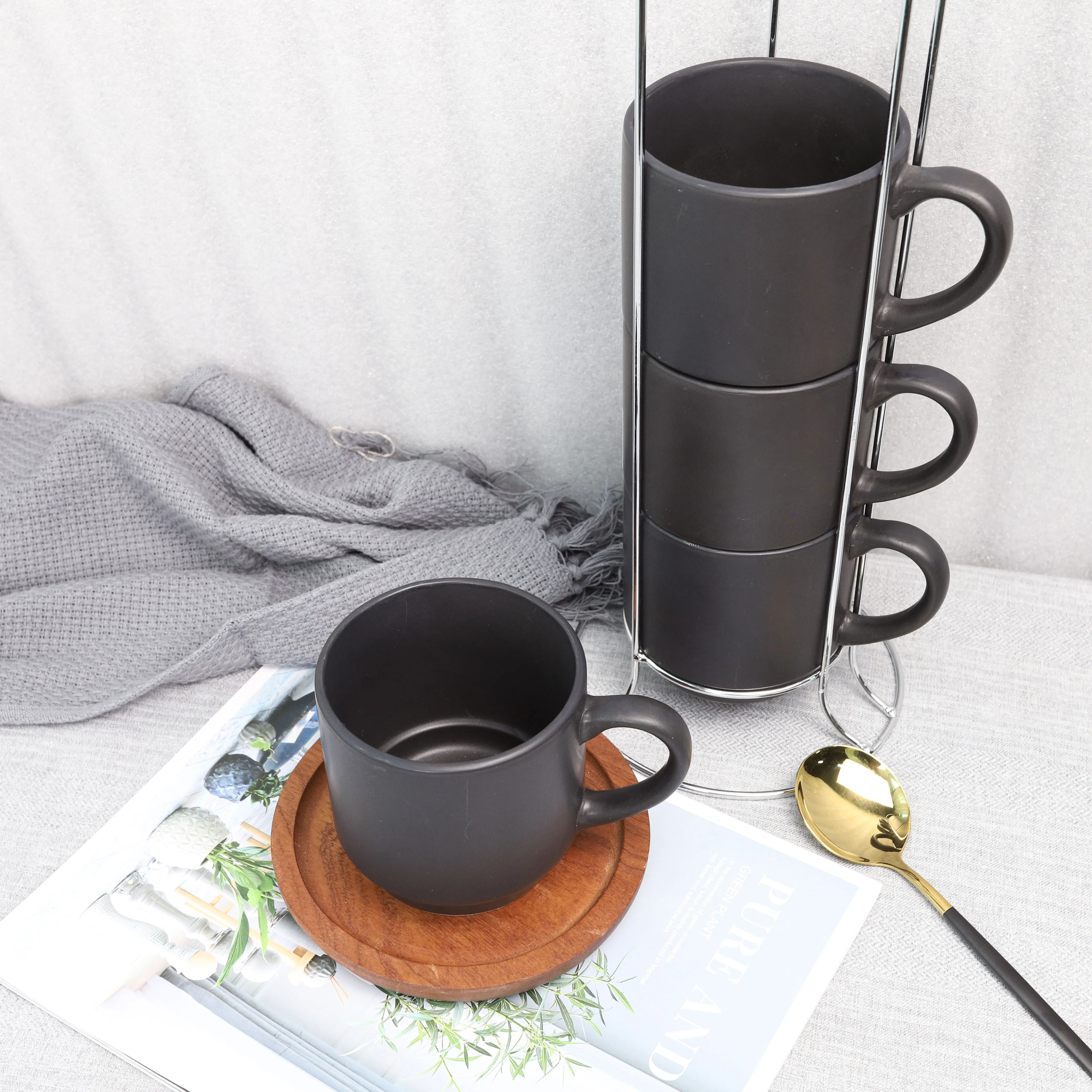 Set Regalo 3 Tazze Da Caffè In Porcellana Con Piattini E Portatazze In Metallo – Servizio Da Caffè 6 Pezzi Nero – Ideale Per Espresso E Cappuccino - 2