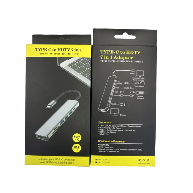 7 in 1 USB-C Type C HD Output 4K HDTV USB Adapter HUB