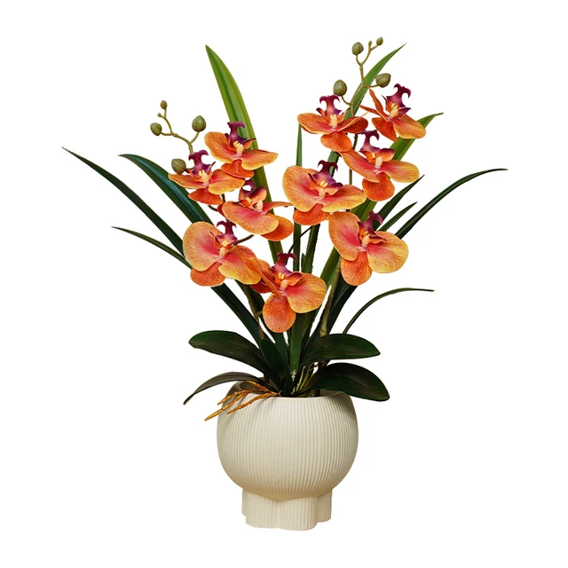Phalaenopsis  Flower Set Office Table Arrangements Combination Artificial Pot Bonsai Thanksgiving Occasion Made PU Material