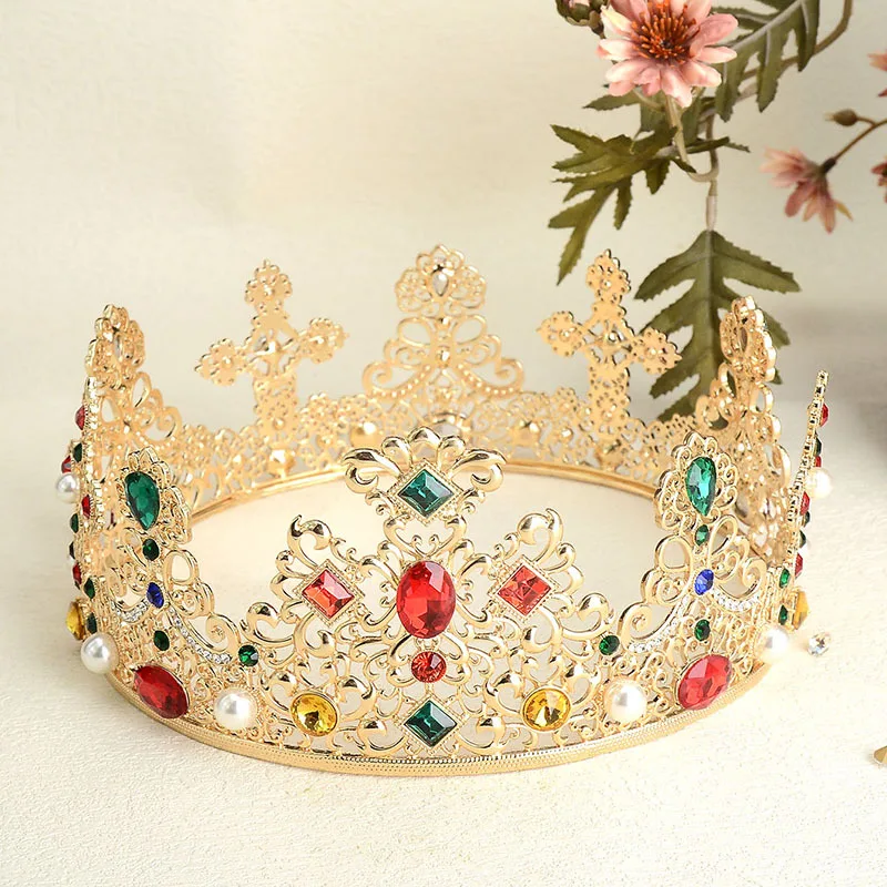 New Baroque Pearl and Crystal Bride Vintage Princess king Queen Gold Metal Headdress Grand Garden Crown