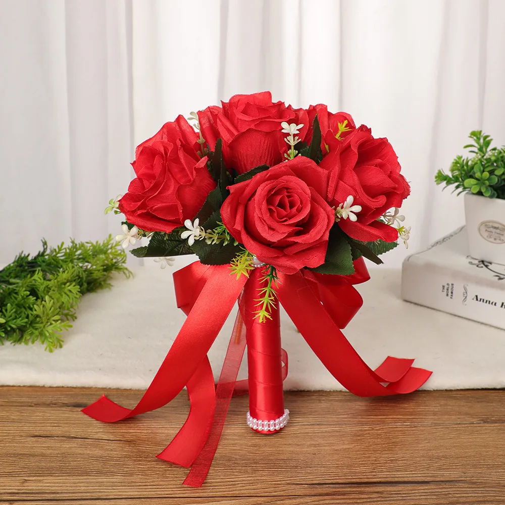 Natural Real Touch White Artificial Rose Wedding Bouquet For Decoration