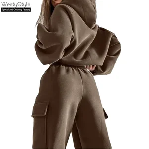 High Quality Two Piece Women's Sweat Suits Set Solid Color Long Sleeve Cropped Hoodie Joggers Casual Short Autumn Breathable
