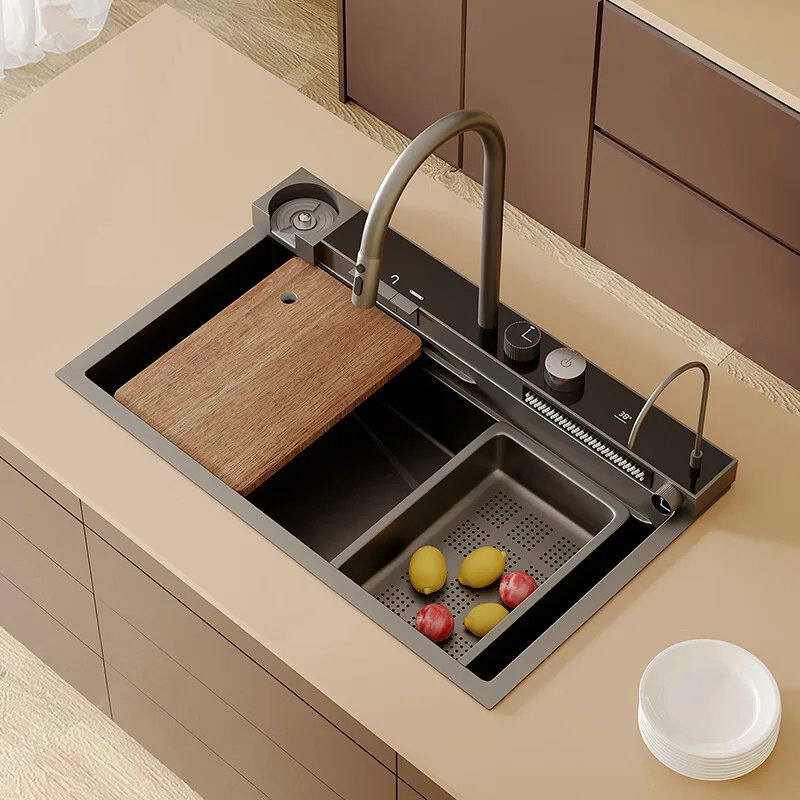 TOP1 Multifunction Stainless Steel Modern Pull Kitchen Sink Black Undermount Faucet Single Smart Waterfall Design for Modern