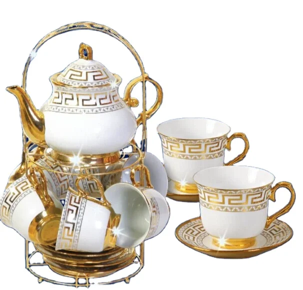 13 Pc Tea Sets _ Tea Pot _ 6 Cups & Saucers w/ Rack Silver Multi 3 oz cups