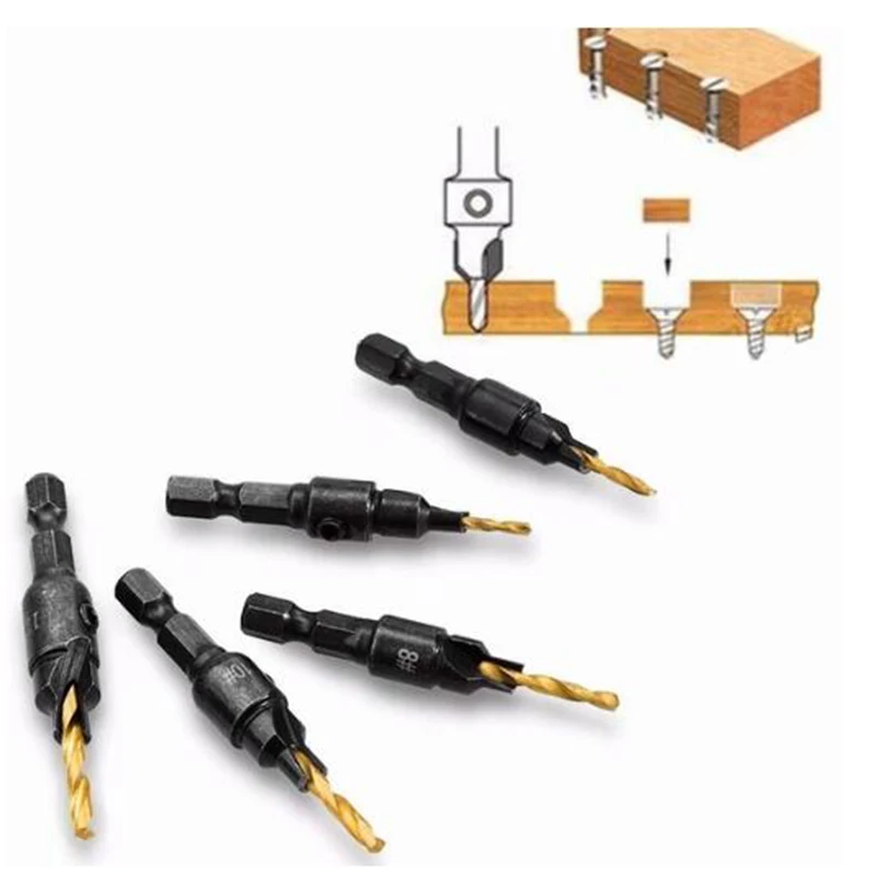 5PCs HSS Countersink Drill Bit Set Pilot Hole For Screw #5-12 Woodworking Tools 
