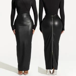 M6008 Women Long Skirts Women's Autumn Winter New Style Black Faux Leather Midi Skirt Bodycon Slim-Fitting with Zipper Design