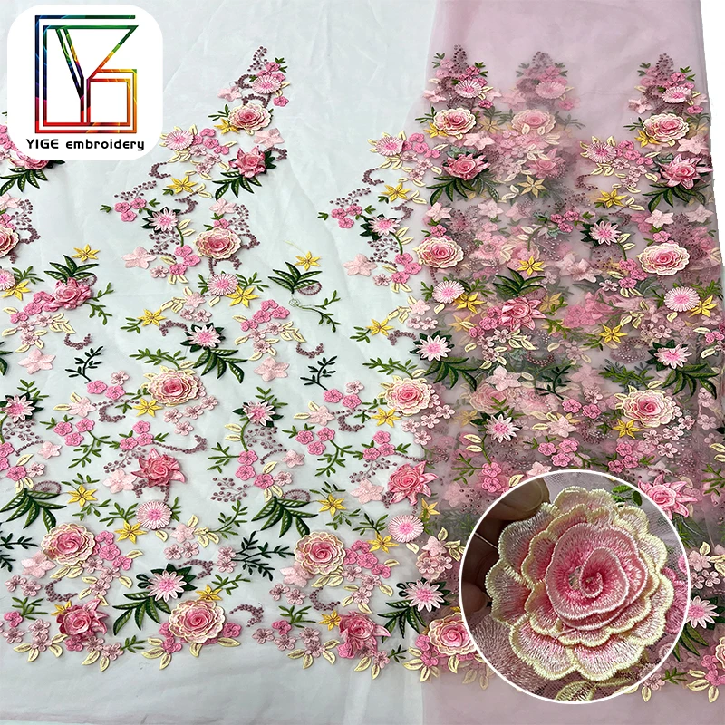 Luxury 3D Flower Embroidery Net Mesh Lace Fabric High Quality Designs  Applique Embroidered Tulle Lace Fabric for Wedding Dresses
