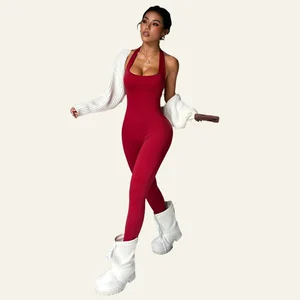 Seamless Hanging Neck Design Solid Sleeveless One Piece Bodysuit Sleeveless Casual Slim Fit Fitness Jumpsuit & Playsuits