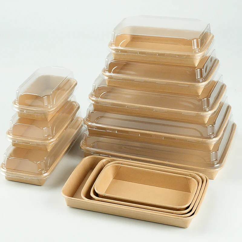 WELCOTECH Kraft Paper Food Tray Disposable Waterproof Grease Proof Sushi Salad Snack Tray with Antif