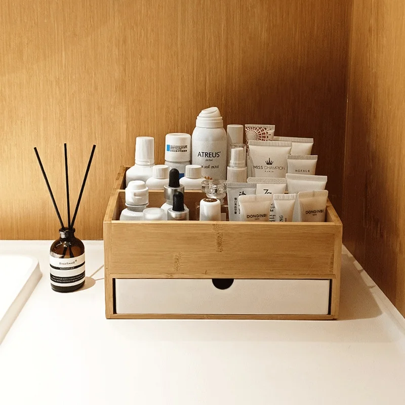 Large capacity Eco-friendly multi-function bamboo desktop makeup organizer office storage box with drawers