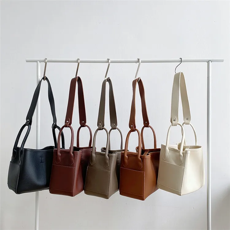 Women Bucket Shoulder Bag Pu Leather Wide Strap Crossbody Bags