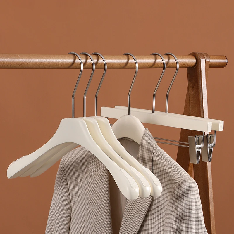 Wholesale Customized Logo Solid Wood Hangers Milk White Hangers Beige