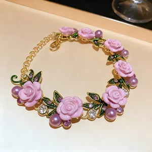 Exquisite Pink Rose Bracelet with Pearls and Crystals Elegant Floral Design Jewelry for Women Parties Daily Wear