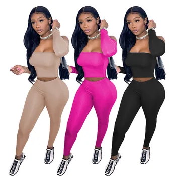 Extra Small Clothing xs Outfits Off Shoulder Clubwear Crop Top 2PC Matching Set Women Clothing 2021 Fall Clothes Two Piece Set