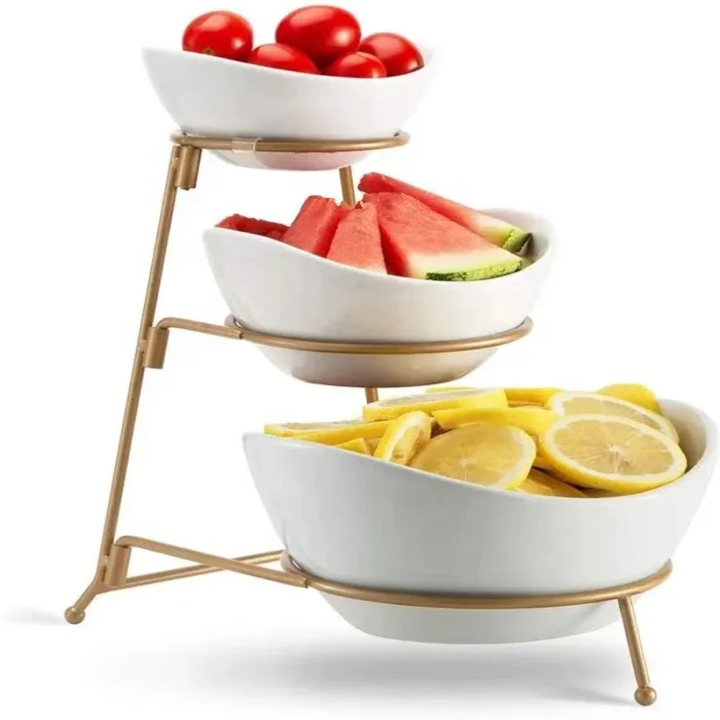 Ceramic Fruit Tray Tier Oval Bowl Set with Metal Rack