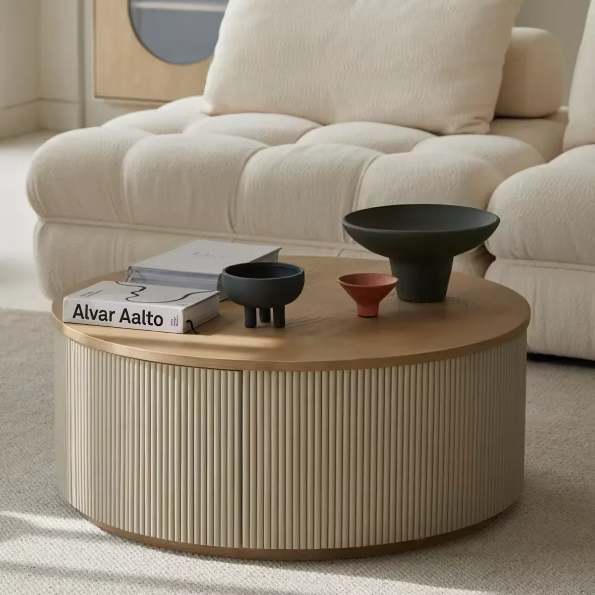 Scandinavian Minimalist Handmade Versatile Reclaimed Oak Round Coffee Table Modern Round Coffee Table with Drawers