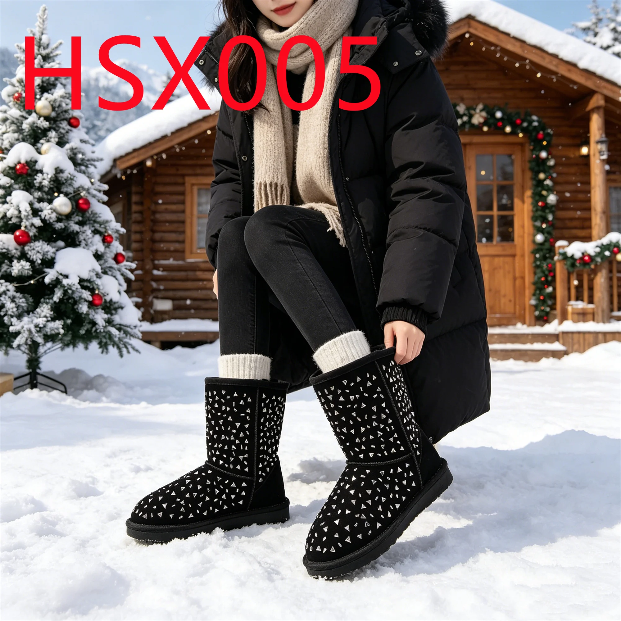 HY, Sparkling Diamond Design Super Warm Women Black Midi Boots Chile Popular Round Toe Anti-chill Snow Boots for Sale HSX005