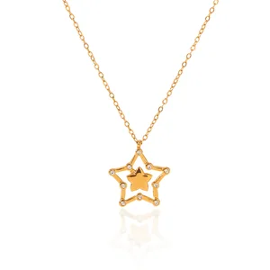 MW Personalized 18k Gold Plated Stainless Steel Jewelry Hollow Double Pentagram Zircon Pendant Necklace for Anniversary