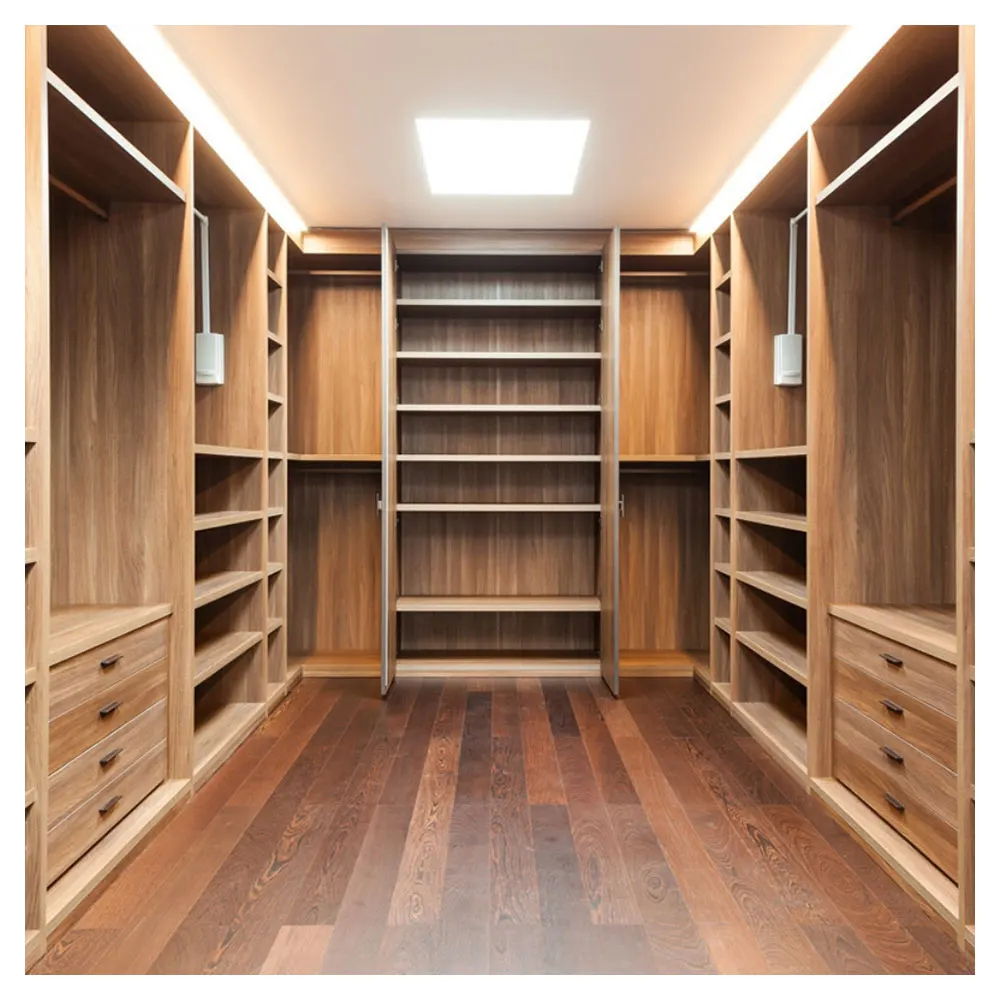 Factory Direct Plywood Customized Size Wardrobe U Shaped Walk in Closet Design Without Door Big Storage