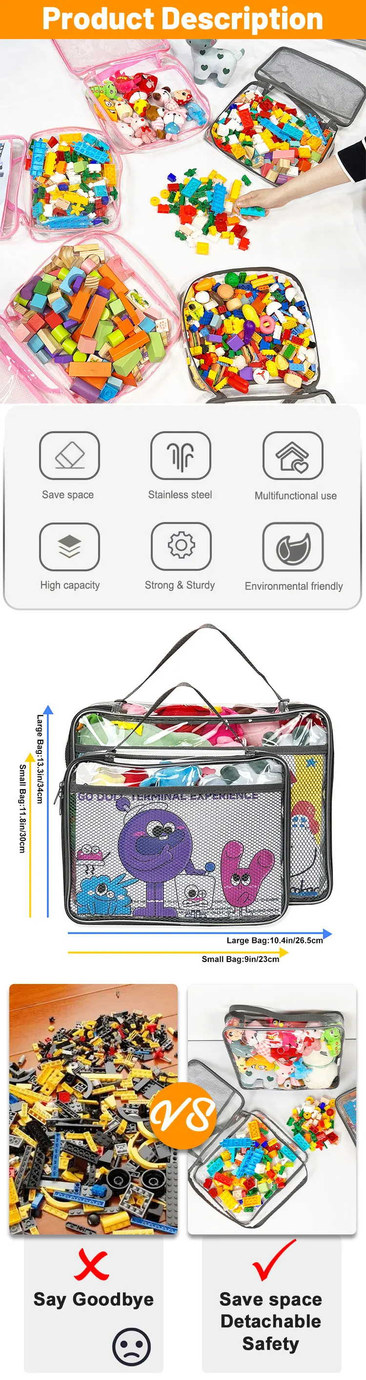 Pvc Clear Children's Toy Storage Bag Portable Waterproof Lego Brick