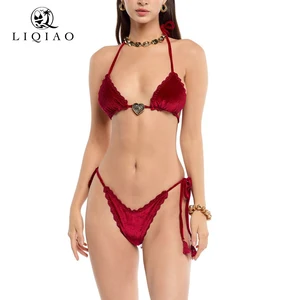 Women's Solid Color Lace-Up Two-Piece Bikini Swimsuit Set for Slimming and Flattering Fit for All Bust Sizes