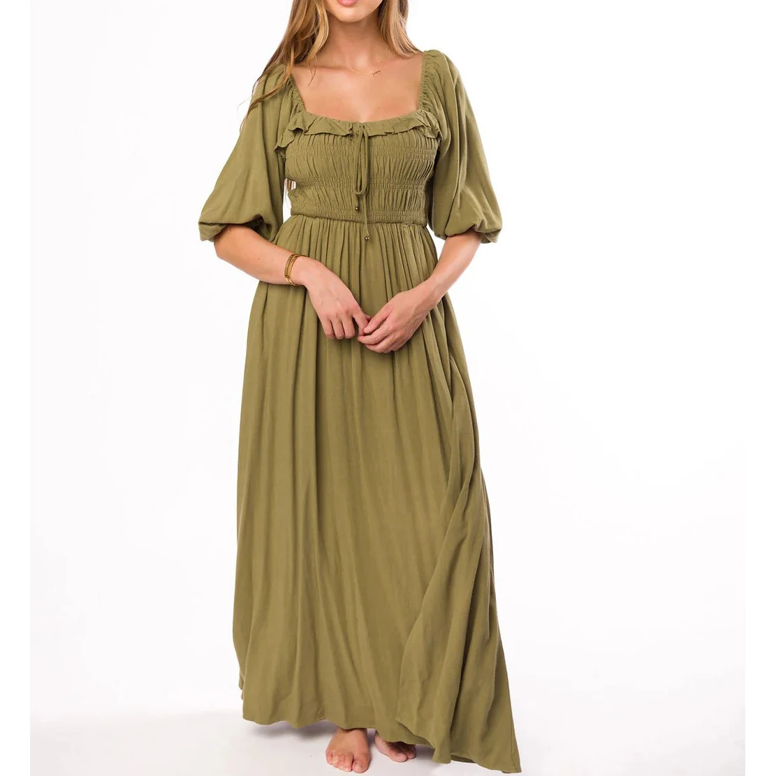 Women's Custom Summer Cotton Linen Midi Dress Square Collar Ruffle  Featuring Custom Logo Back Solid Color Natural Short Sleeves