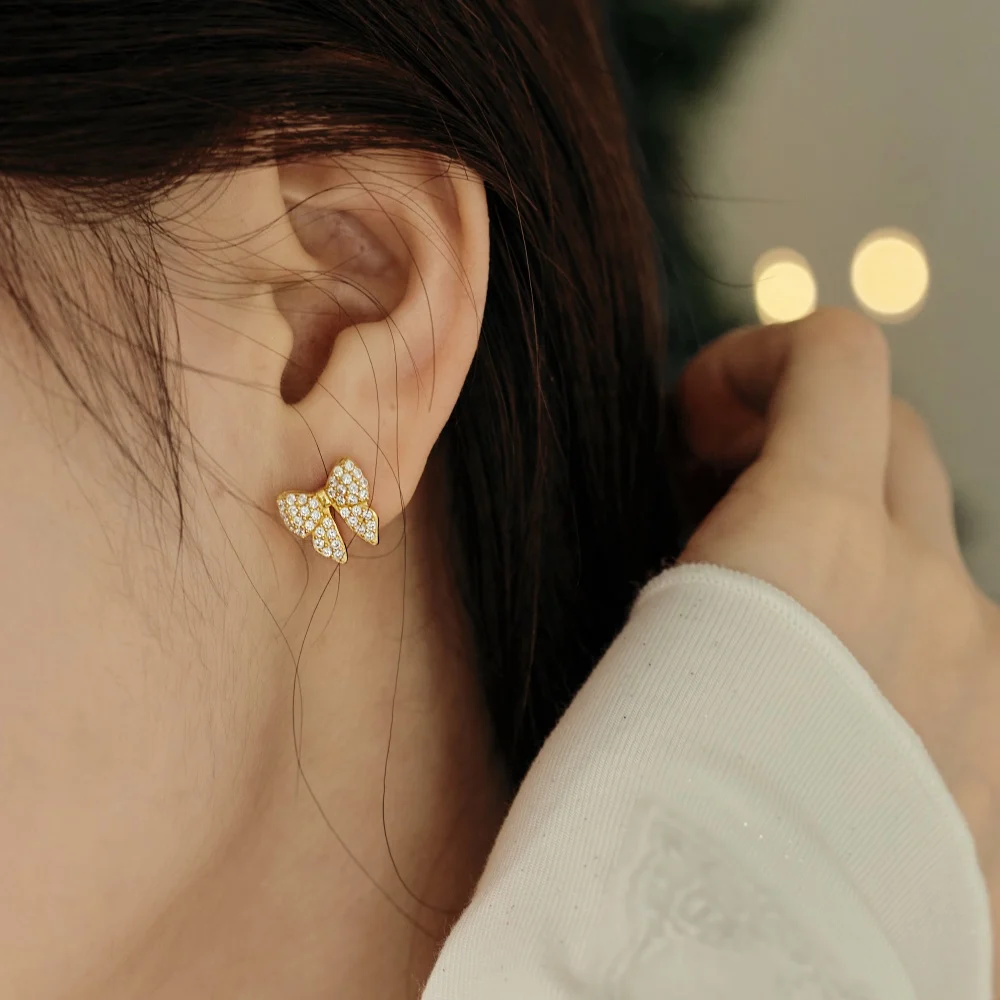 KAKODIY New Design Sterling Silver Christmas Collection Rhodium 18K Gold Plated 5A Cubic Zirconia Butterfly Bow Stud Earrings detail 4