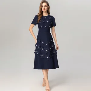 Factory Wholesale Fashion Midi Dress Women Summer 3D Flower Appliques Short Sleeve New O-Neck Elegant High Waist Party Dress