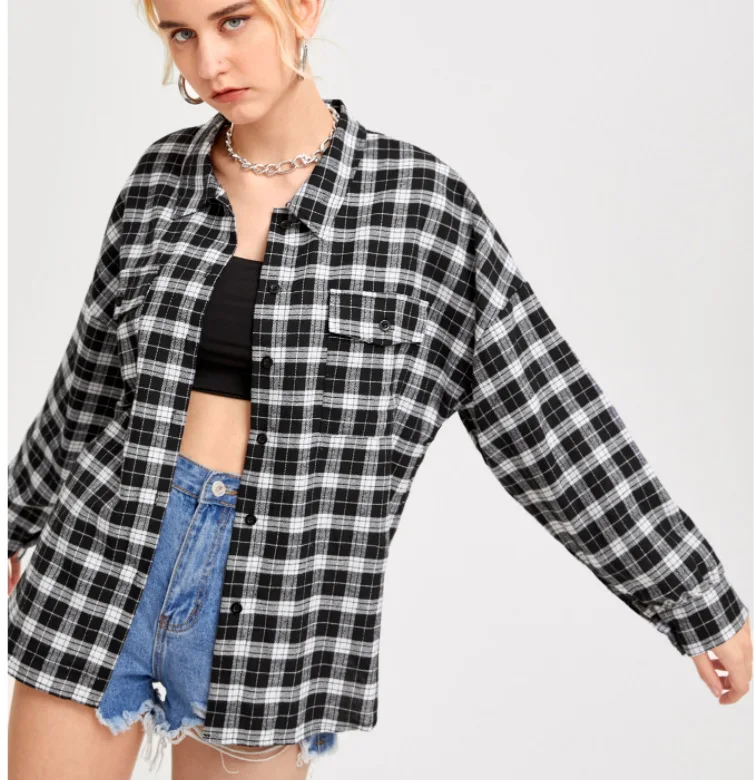 Fashion Women Plaid Shirt Chic Checked Blouse Long Sleeve Print