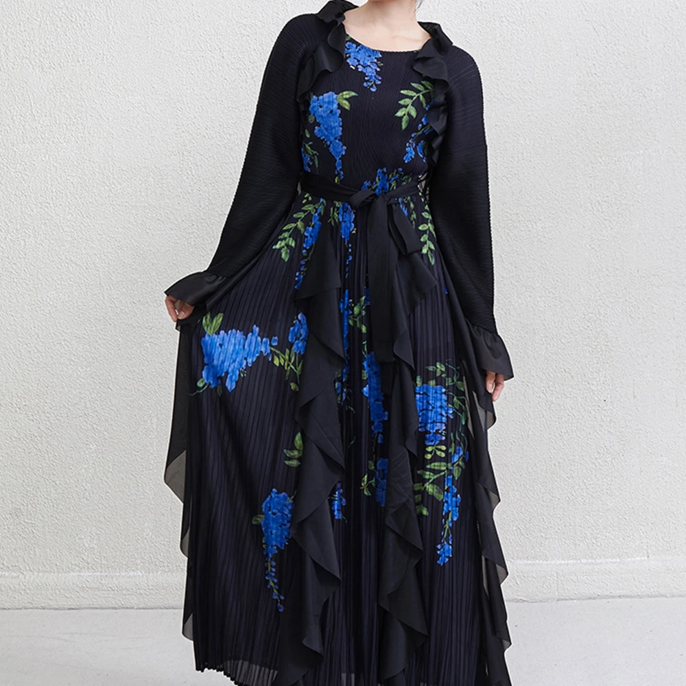 Fashion Design Splicing Autumn Woven Maxi Swing Dress Floral Ruffles  Breathable High Quality Women's Clothing Factory Wholesale