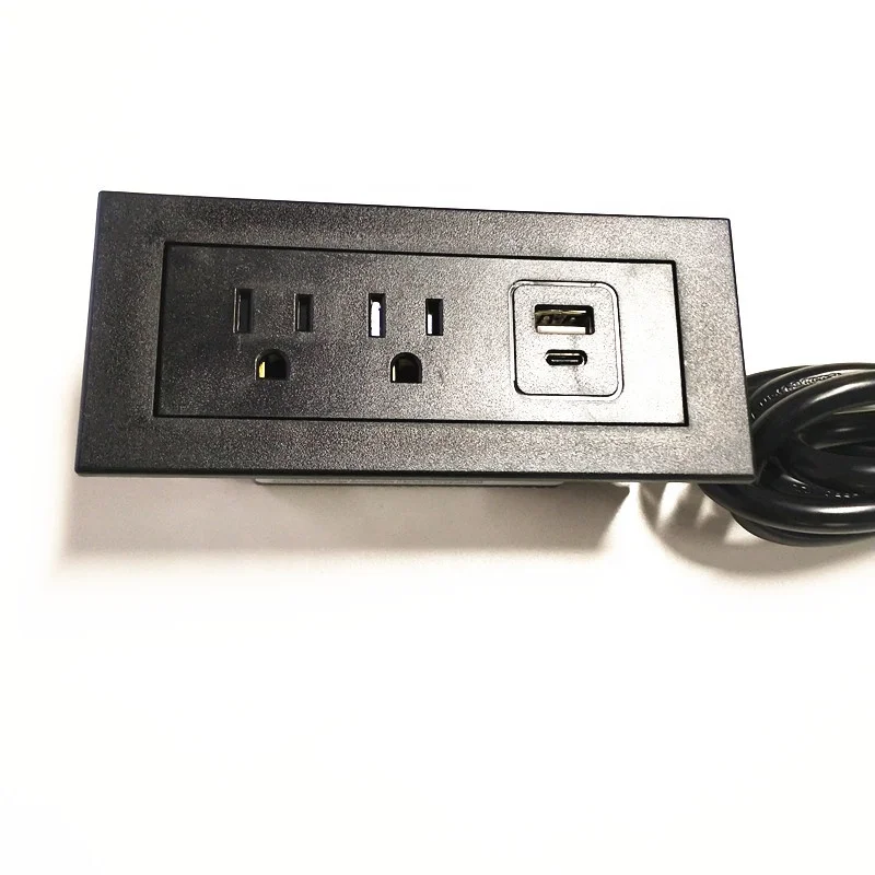 Gold US Standard Recessed Drawer Power Strip with USB C Port Socket Office Desk Embedded Flush Mounted Power Plate Socket