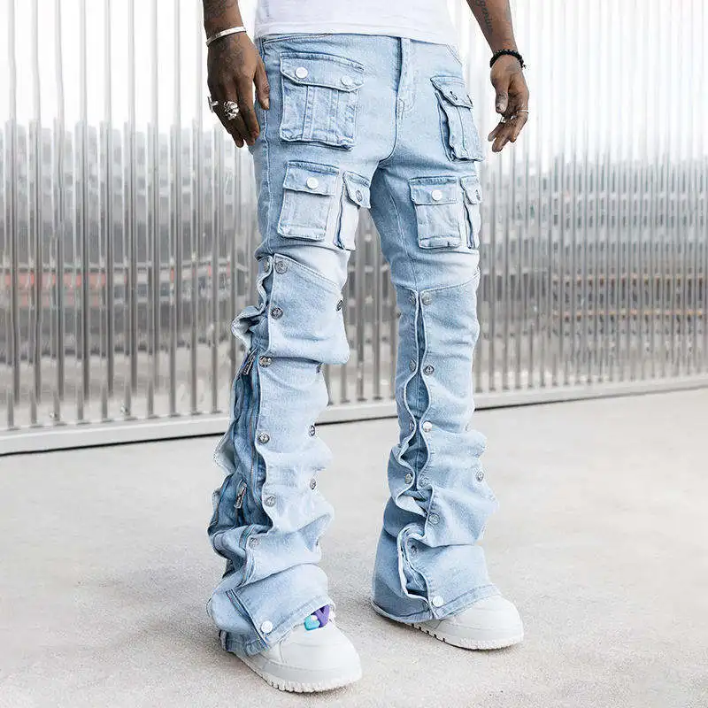 Salati Men's High Acid Wash Vintage Baggy Cargo Jeans Custom Wholesale Streetwear Multi-Pockets Distressed Slim Fit Stacked gallery 2