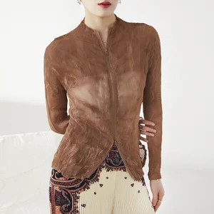 2025 Summer Latest Fashion Tops Transparent Chiffon Cardigan Shirt Miyake Pleated Long Sleeve Blouse