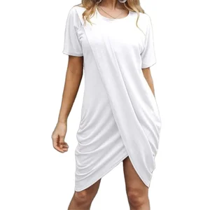 Women's Casual Wear Long T-shirt Dress Short Sleeve Side Ruched Summer Dress White Asymmetrical Loose Mini O-Neck Breathable