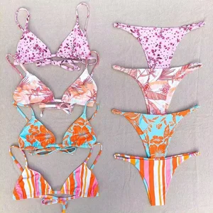 High Quality Women's Sexy Triangle Micro 2-Piece Bikini Set Custom Front Logo Floral Print Letter Pattern Three-Point Swimsuit