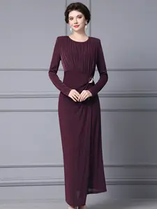 Factory Wholesale Autumn Winter Knitted Dress Women's Straight Ruched Floor-Length Long Sleeve Elegant Office Ladies Party Dress
