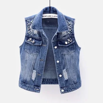High quality lady woman 's vest of jeans with beading