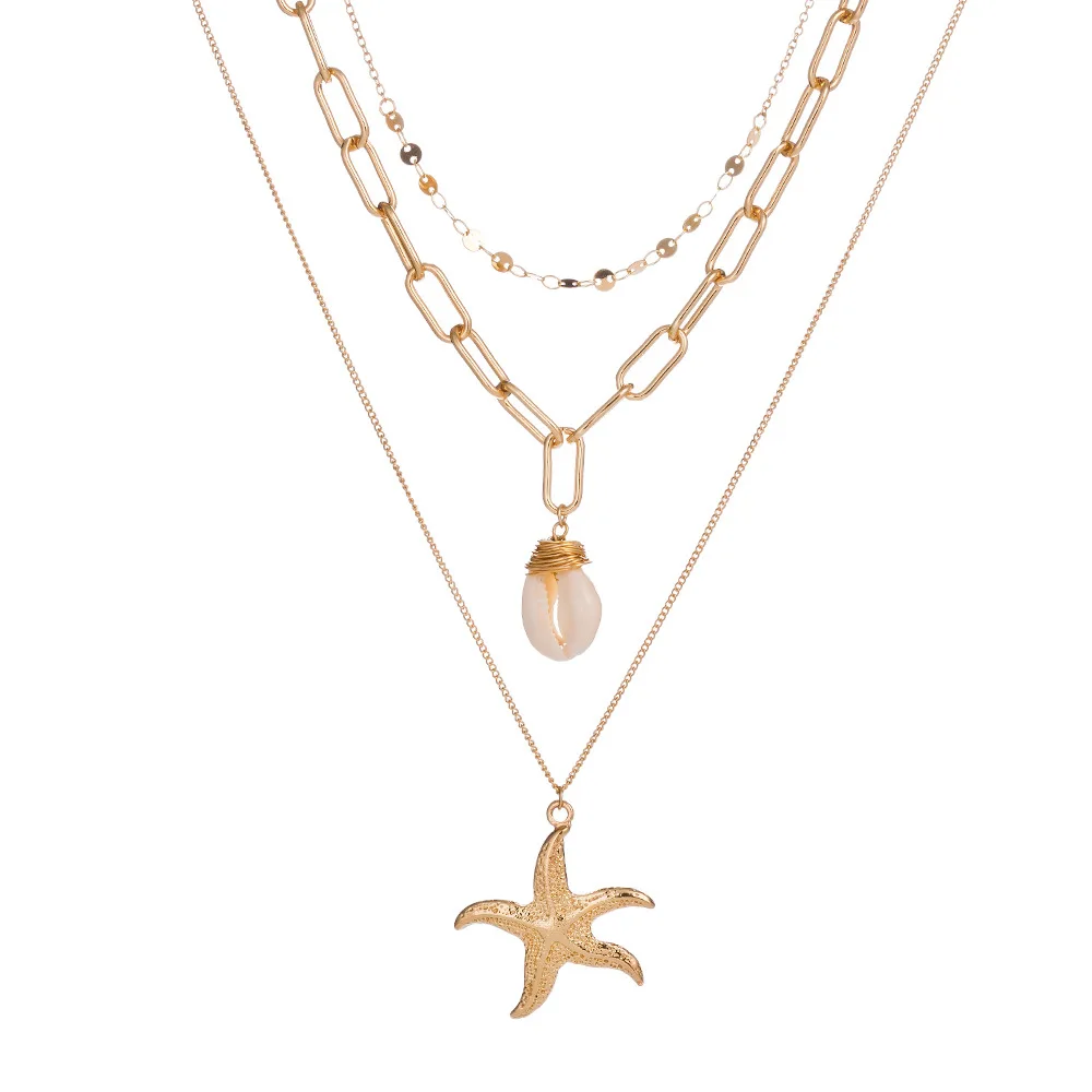 Boho Women Multilayer Long Chain Pendant Starfish Beach Shell Choker Necklace